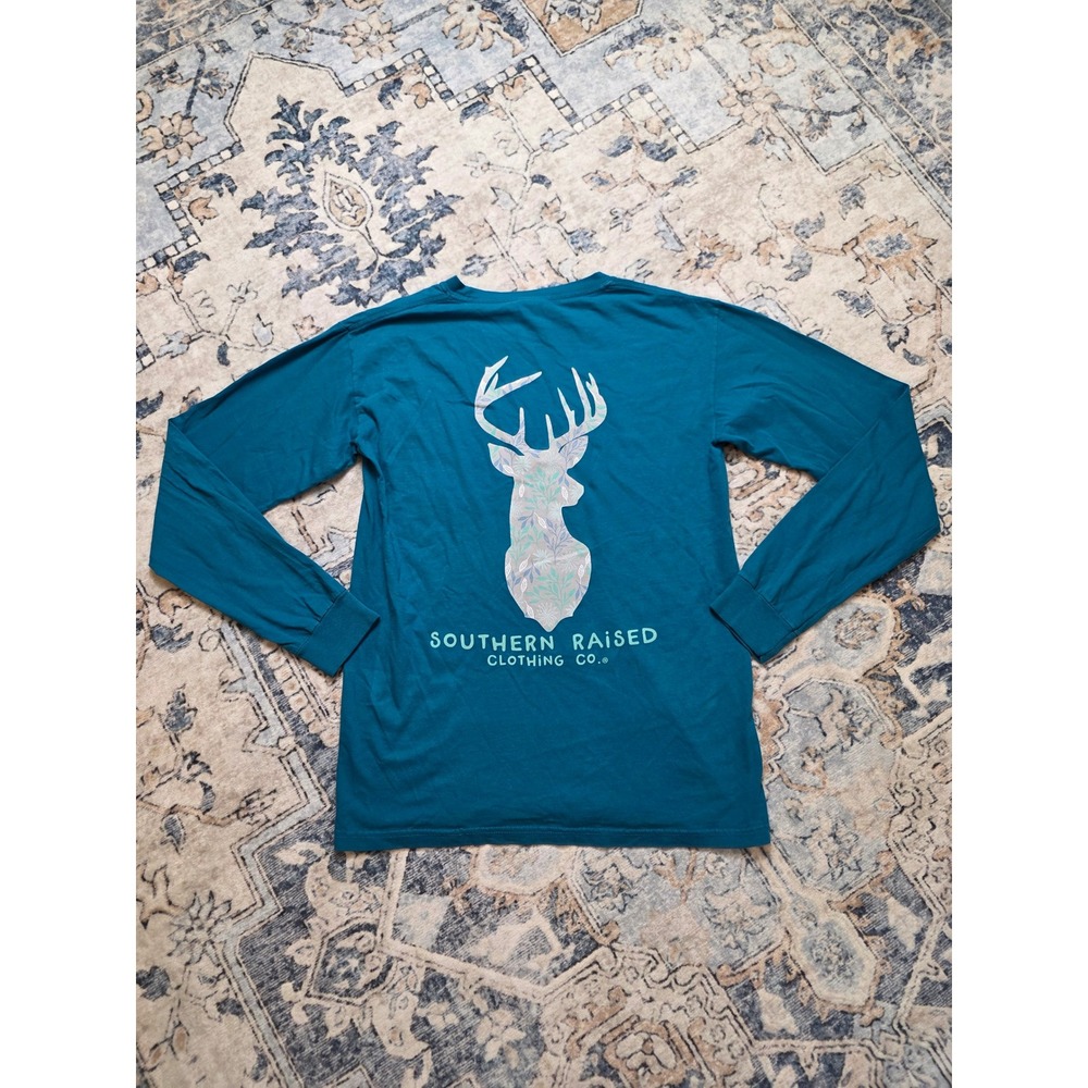 NWOT Southern Raised Women's Small Teal Front Pocket  Deer Long Sleeve T-Shirt